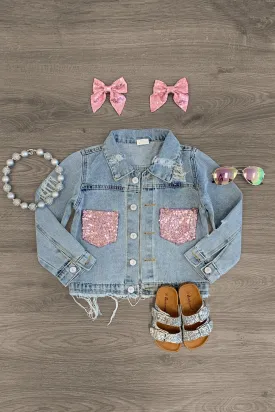 Distressed Denim Sequin Pocket Jacket