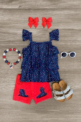 Navy & Red Ruffle Stars Denim Short Set