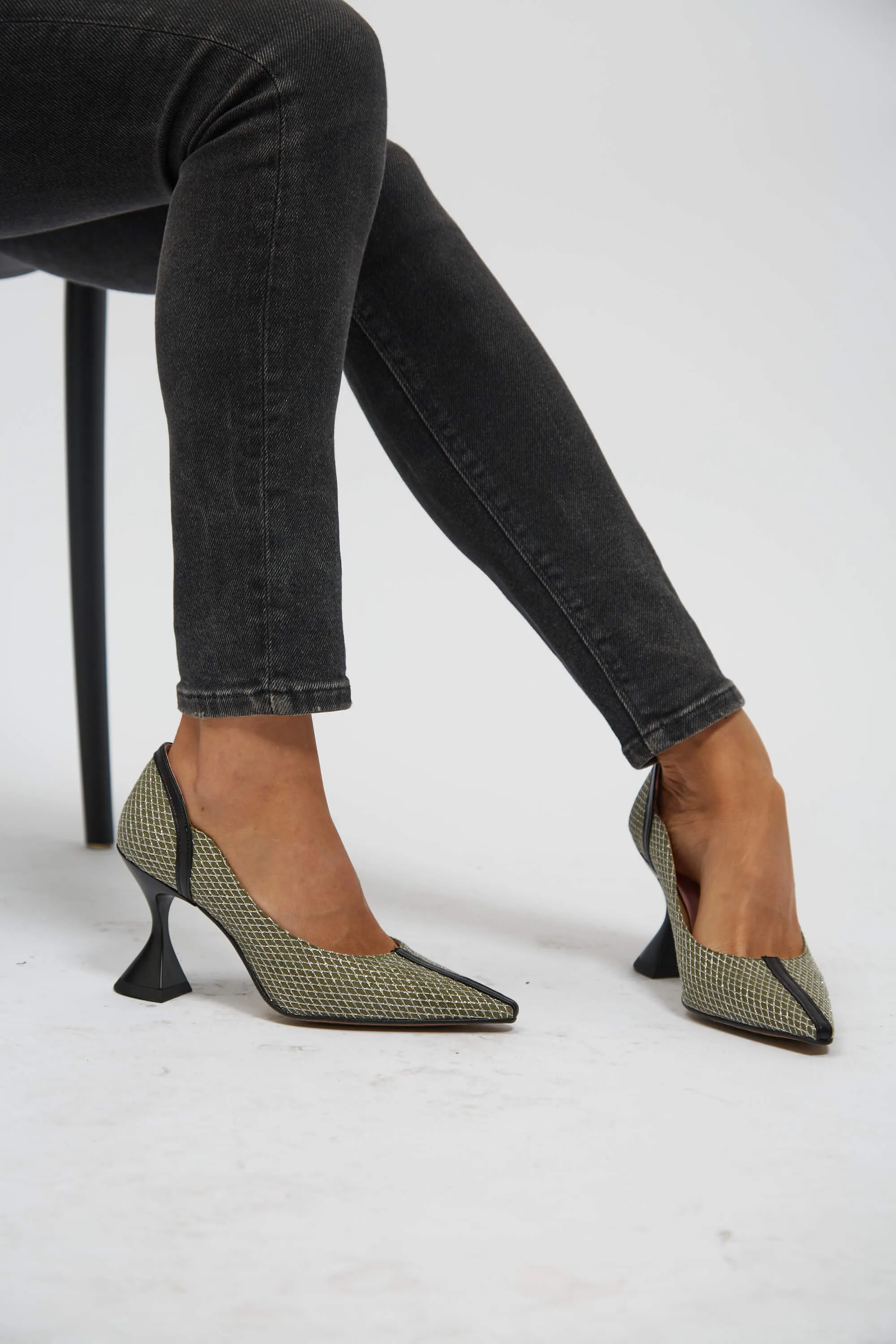 Ottilie Vegan Heeled Pumps | Green & Silver