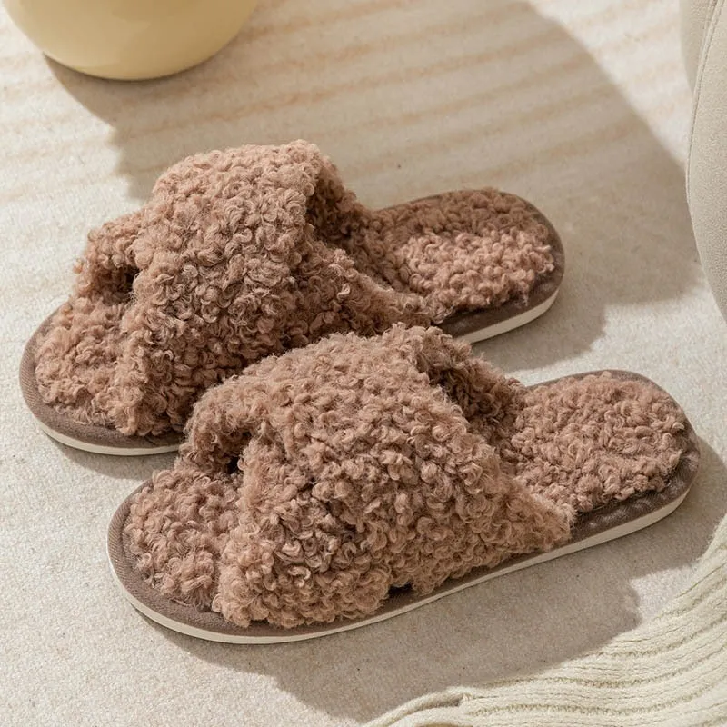 Plush cross strap cotton slippers for women at home skin friendly plush slippers for women