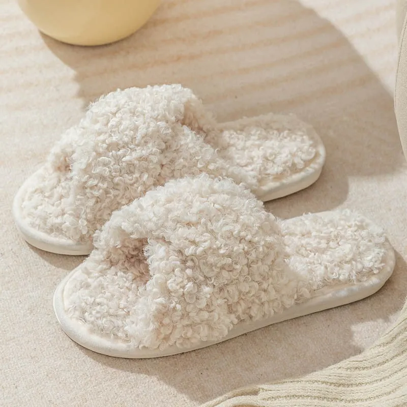 Plush cross strap cotton slippers for women at home skin friendly plush slippers for women