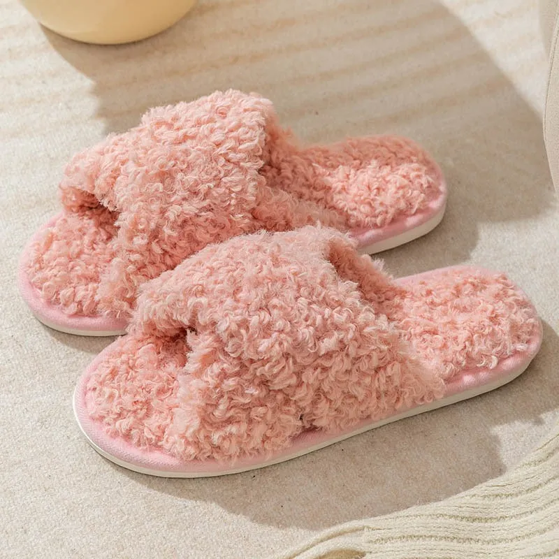 Plush cross strap cotton slippers for women at home skin friendly plush slippers for women