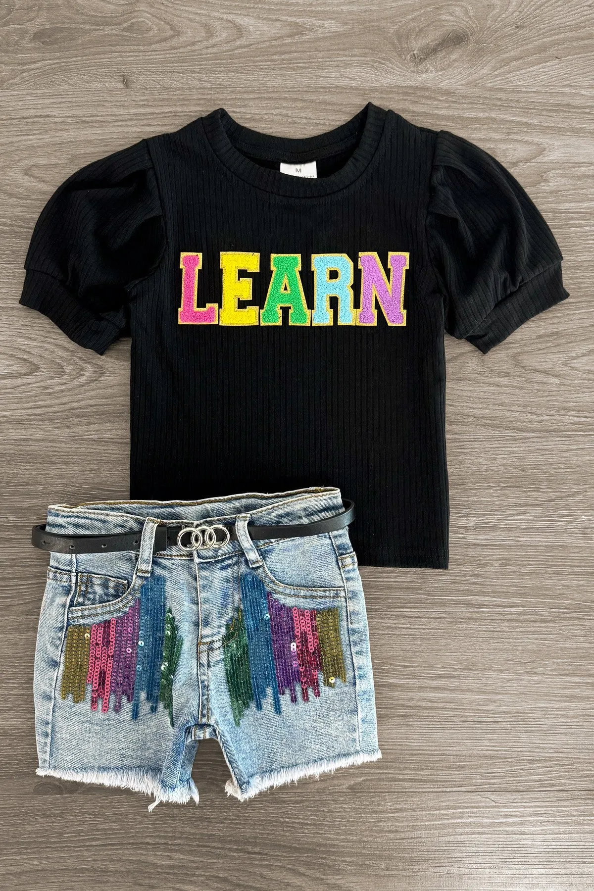 "Learn" Rainbow Sequin Denim Short Set