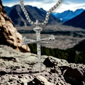 Rugged Antique Nail Cross Necklace Rhodium Silver Finish Heavy Chain