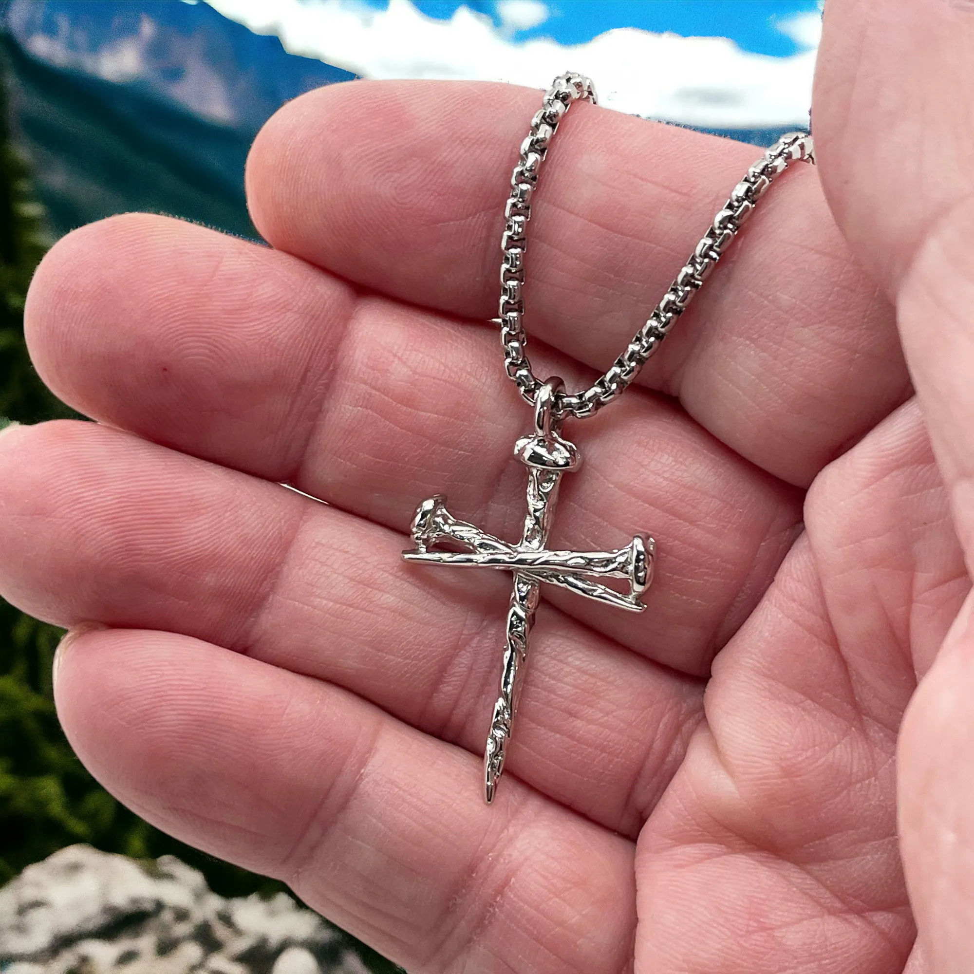 Rugged Antique Nail Cross Necklace Rhodium Silver Finish Heavy Chain