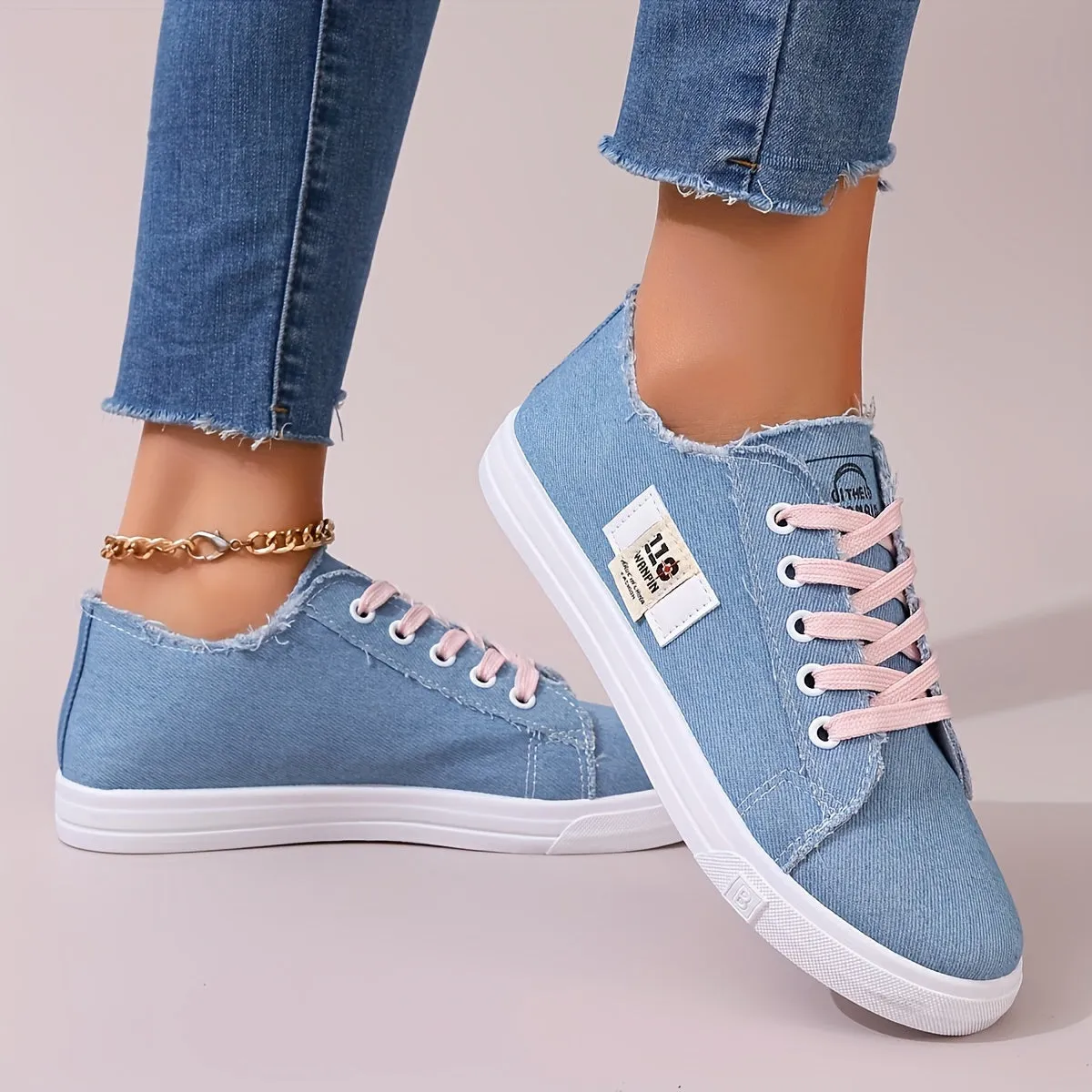 Stylish Women's Denim Lace Up Sneakers - Breathable, Lightweight, Comfortable Walking Shoes for Casual Daily Wear - Low Top Skate Shoes with Soft Insoles and Durable Outsoles