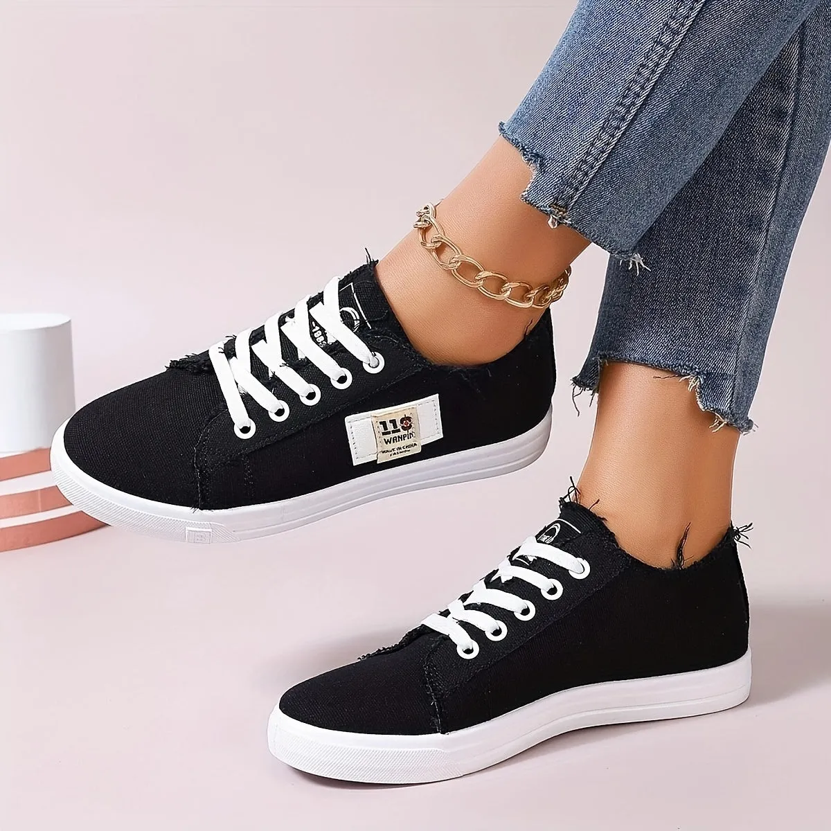 Stylish Women's Denim Lace Up Sneakers - Breathable, Lightweight, Comfortable Walking Shoes for Casual Daily Wear - Low Top Skate Shoes with Soft Insoles and Durable Outsoles