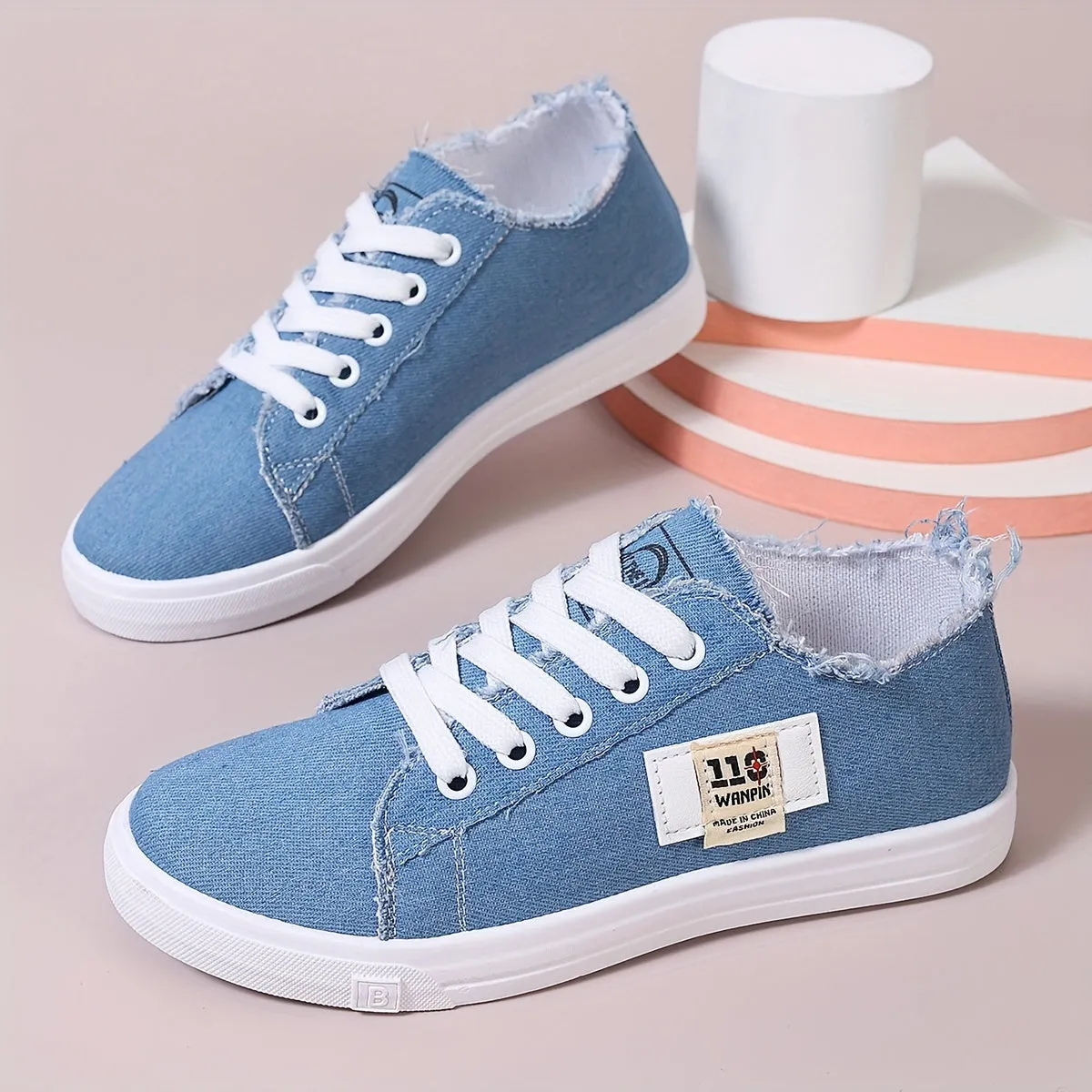 Stylish Women's Denim Lace Up Sneakers - Breathable, Lightweight, Comfortable Walking Shoes for Casual Daily Wear - Low Top Skate Shoes with Soft Insoles and Durable Outsoles