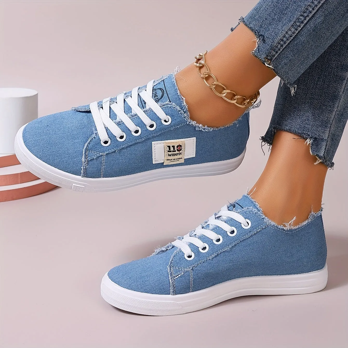 Stylish Women's Denim Lace Up Sneakers - Breathable, Lightweight, Comfortable Walking Shoes for Casual Daily Wear - Low Top Skate Shoes with Soft Insoles and Durable Outsoles