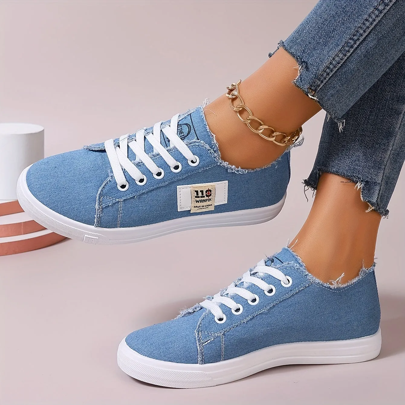 Stylish Women's Denim Lace Up Sneakers - Breathable, Lightweight, Comfortable Walking Shoes for Casual Daily Wear - Low Top Skate Shoes with Soft Insoles and Durable Outsoles