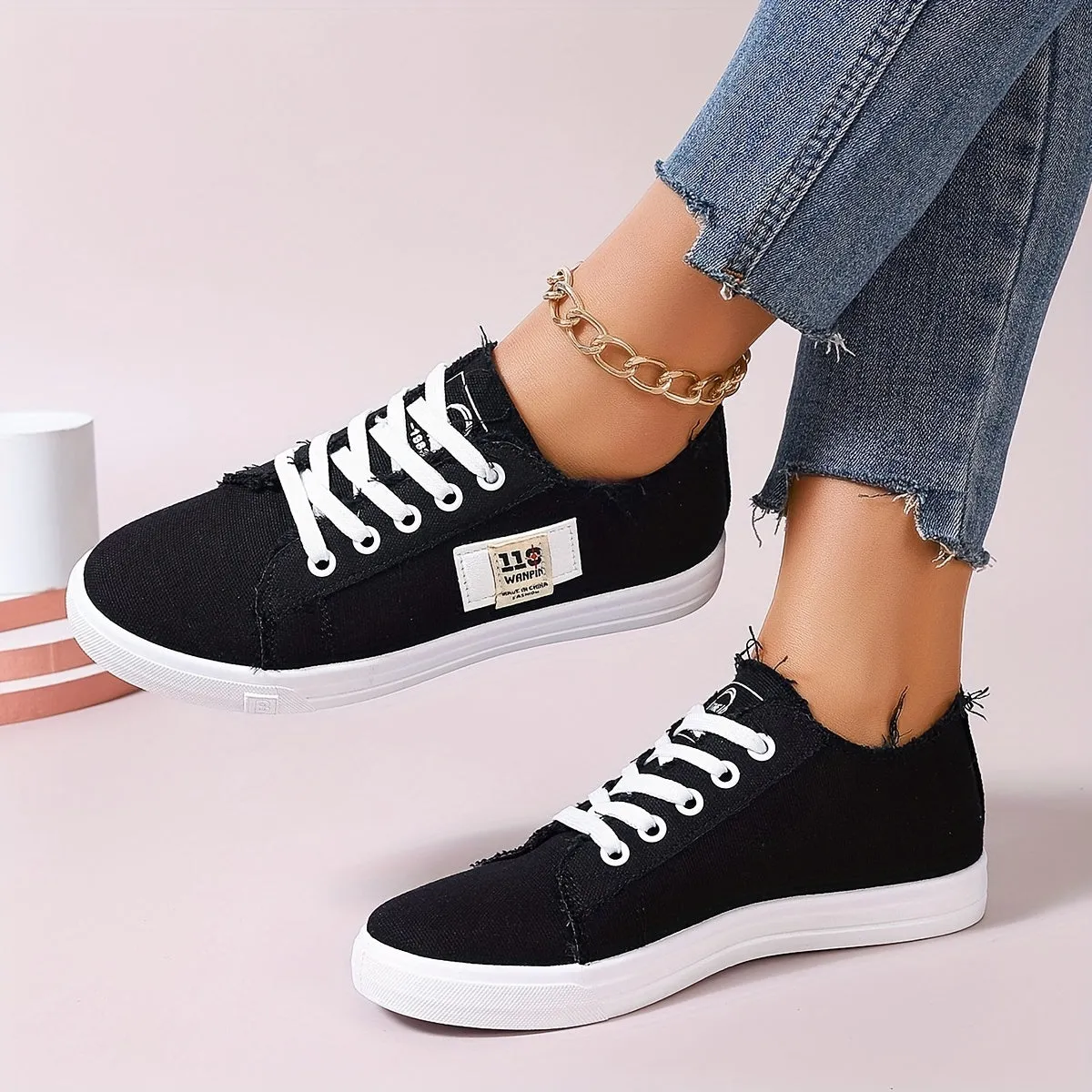 Stylish Women's Denim Lace Up Sneakers - Breathable, Lightweight, Comfortable Walking Shoes for Casual Daily Wear - Low Top Skate Shoes with Soft Insoles and Durable Outsoles