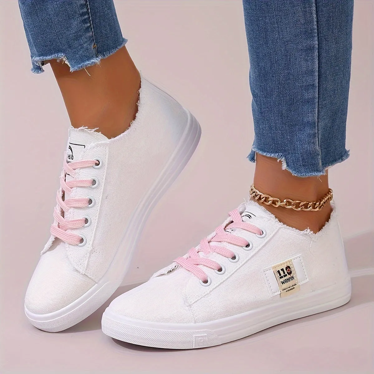 Stylish Women's Denim Lace Up Sneakers - Breathable, Lightweight, Comfortable Walking Shoes for Casual Daily Wear - Low Top Skate Shoes with Soft Insoles and Durable Outsoles