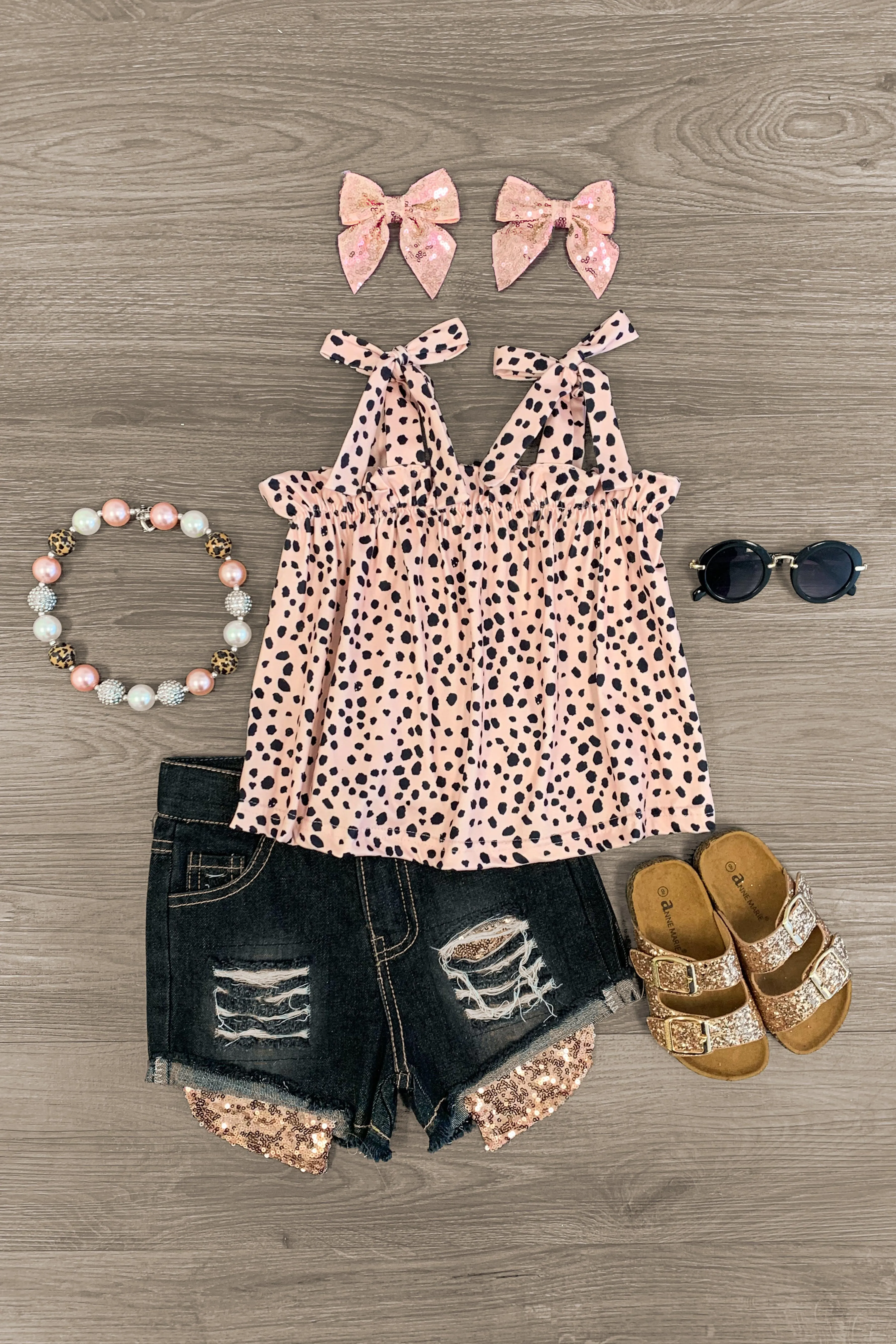 Tan Cheetah Tie Top & Sequins Denim Short Set