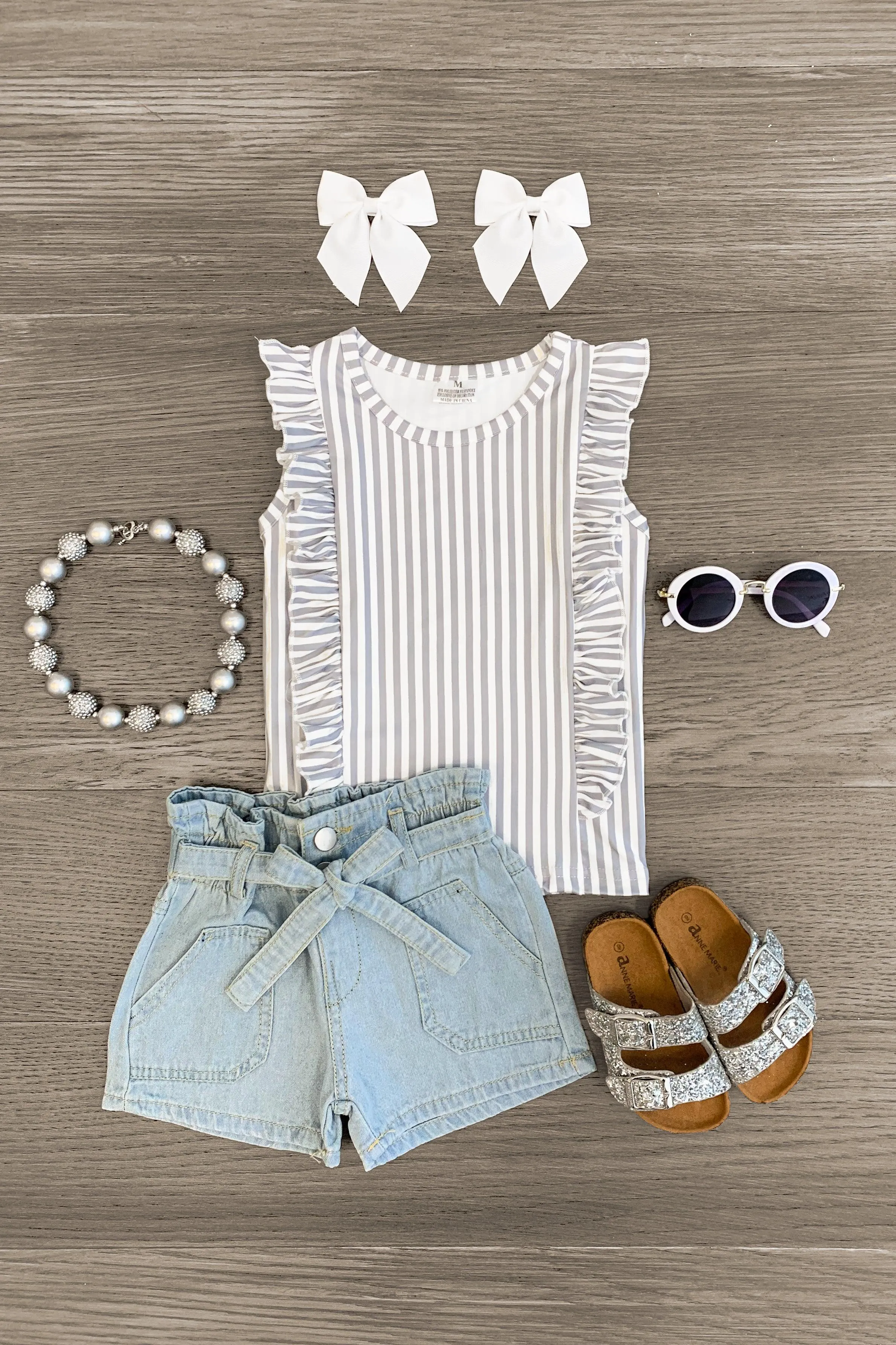 White & Gray Striped Denim Short Set